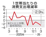 3月の消費支出2.9%減、4カ月連続マイナス 総務省家計調査