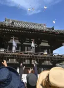 唐招提寺伝統行事「うちわまき」にハート形うちわ、参拝客が歓声