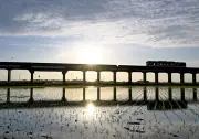 水鏡に映る夕日と鉄道の競演　大洗鹿島線沿線の風景