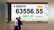 日経平均午前終値2547円安、一時3100円超下落 トリプル安で
