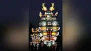 能代七夕「天空の不夜城」開幕 巨大城郭型灯籠が能代市中心部を練り歩く プロジェクションマッピングも実施