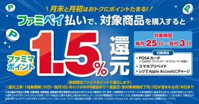 ファミマ、POSAカードをファミペイ払いで購入すると1.5%ポイント還元