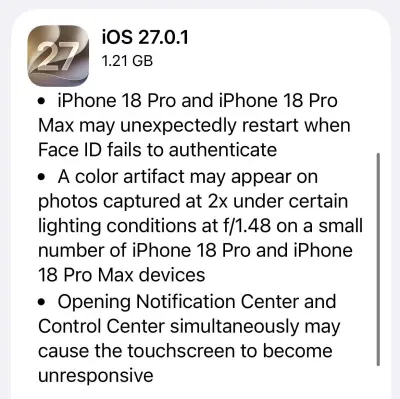 「iOS 27.0.1」配信開始、iPhone 18 ProのFace IDやカメラの不具合を解消